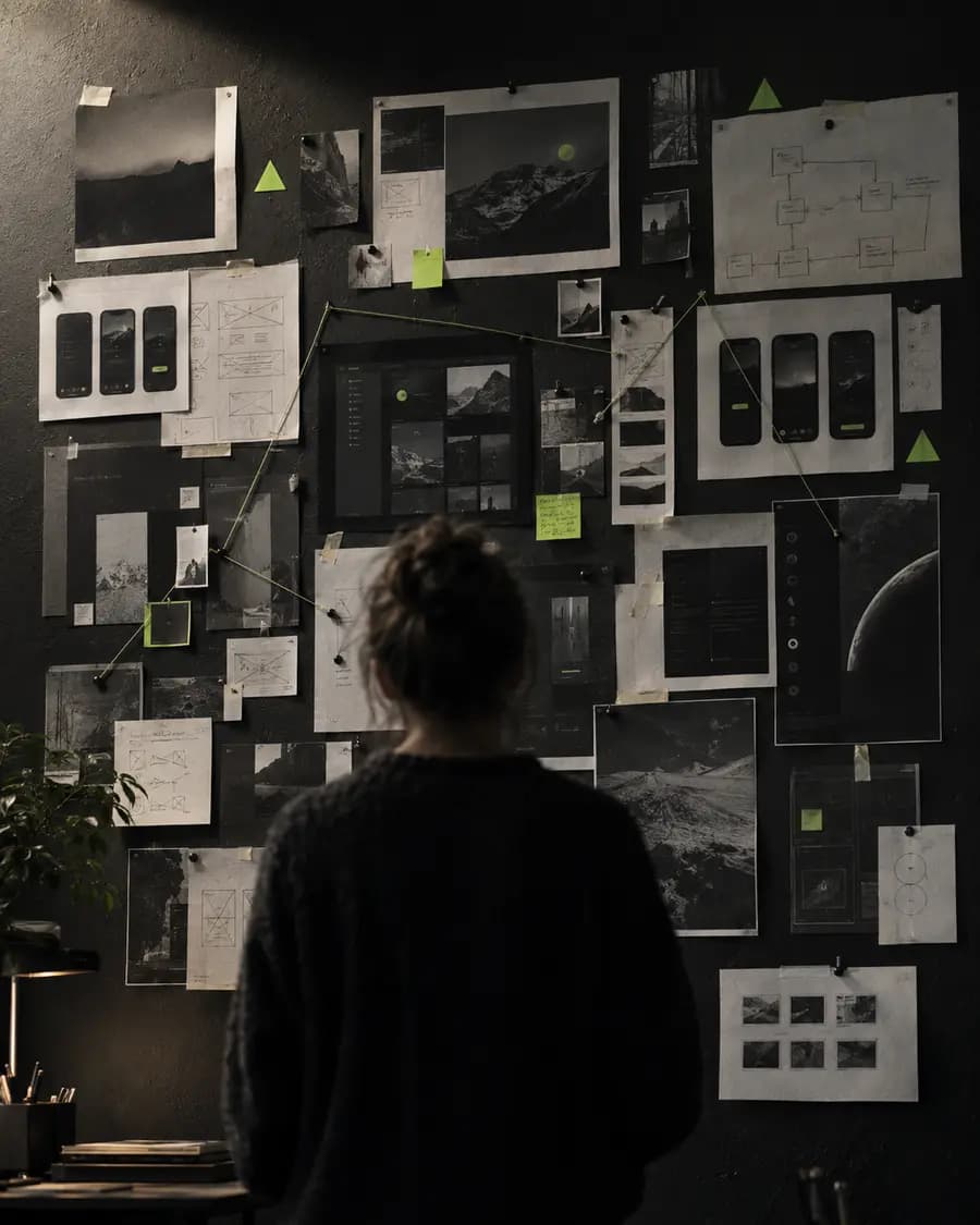 A wall of pinned screen designs and wireframes