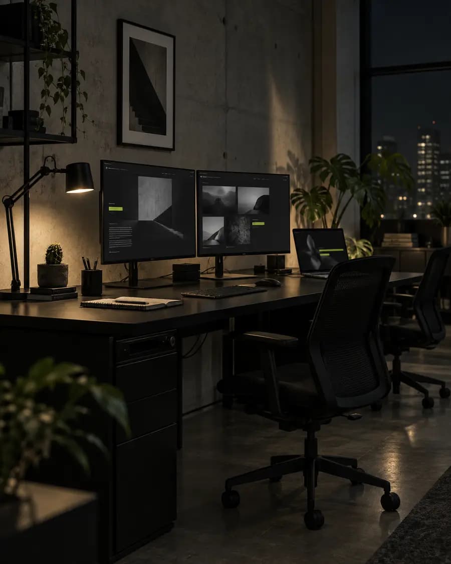 An empty studio desk with two monitors at night