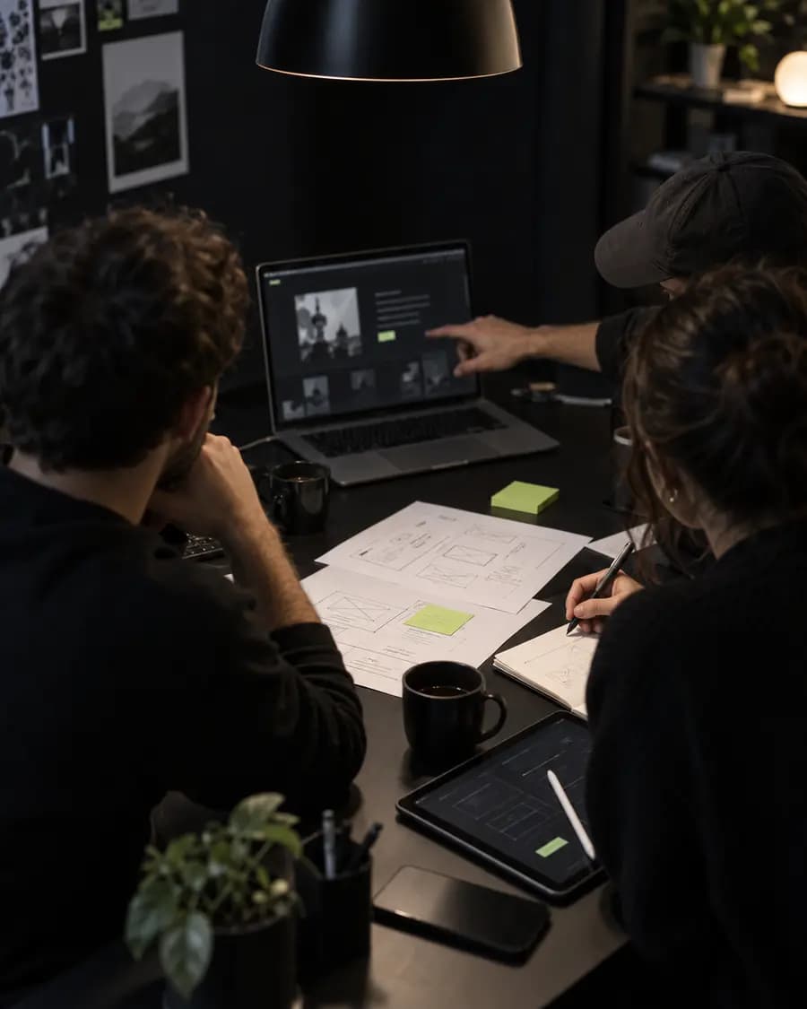 Three colleagues reviewing wireframes around a laptop