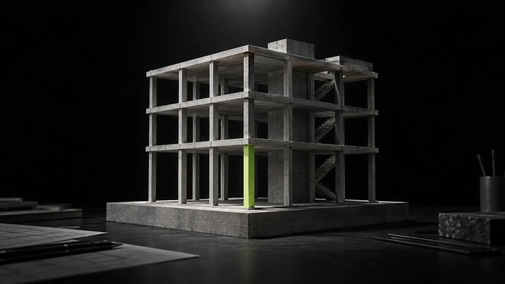 A concrete building-frame model with one load-bearing column lit green