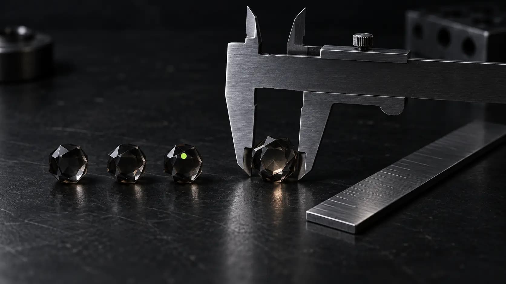 Steel calipers measuring a faceted glass piece beside identical test pieces