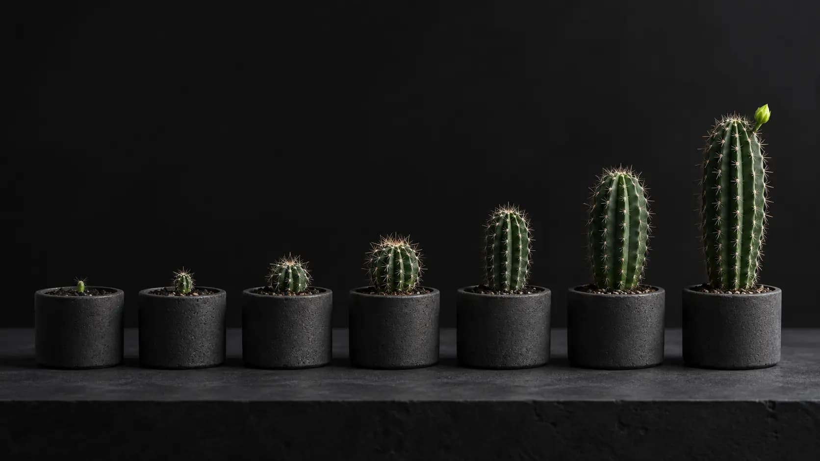 Seven potted cacti in a row, each at a later stage of growth