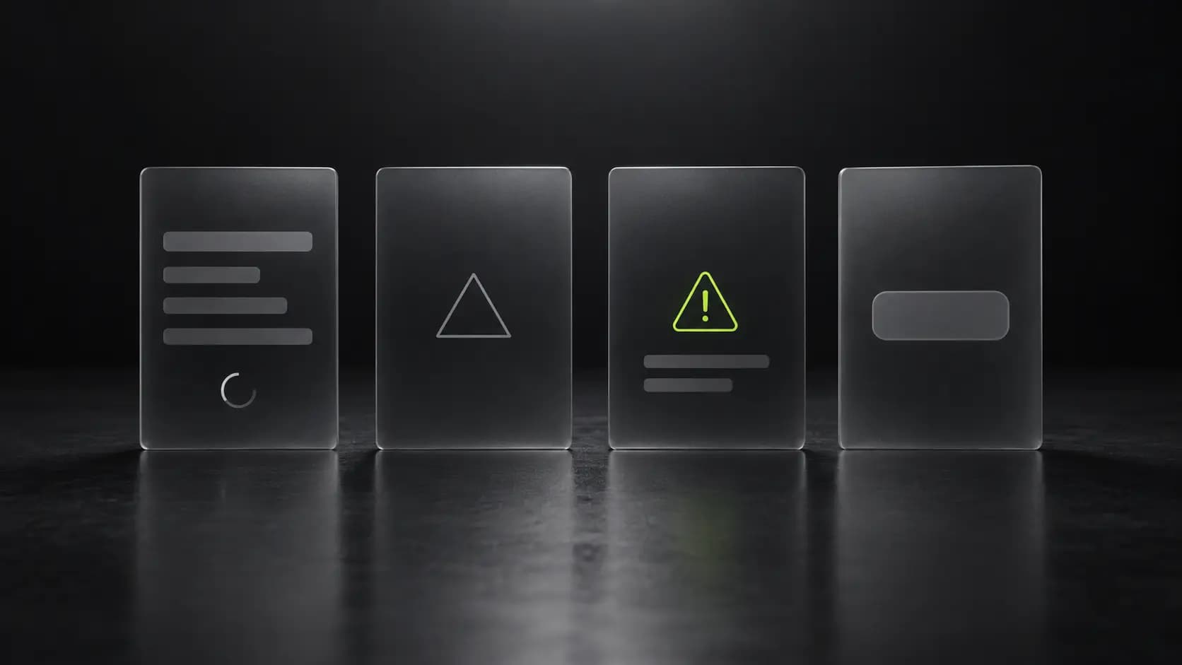 Four glass panels showing loading, empty, error and disabled interface states