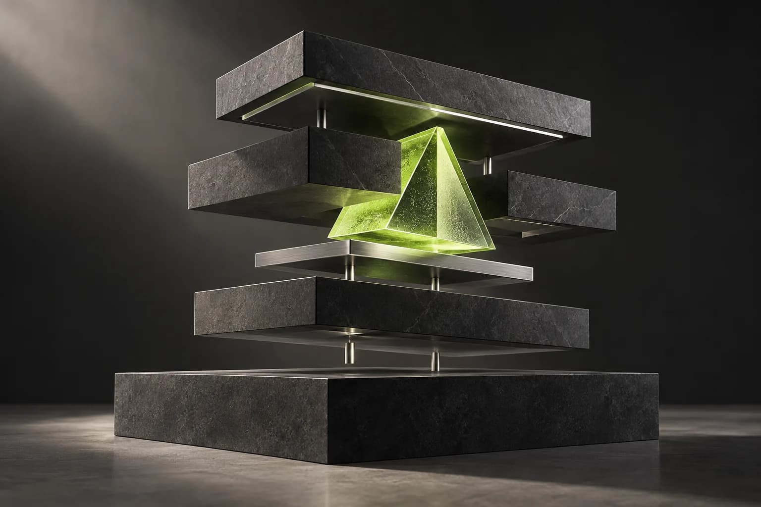 Sculptural graphite layers connected by a lime glass prism, illustrating software architecture.