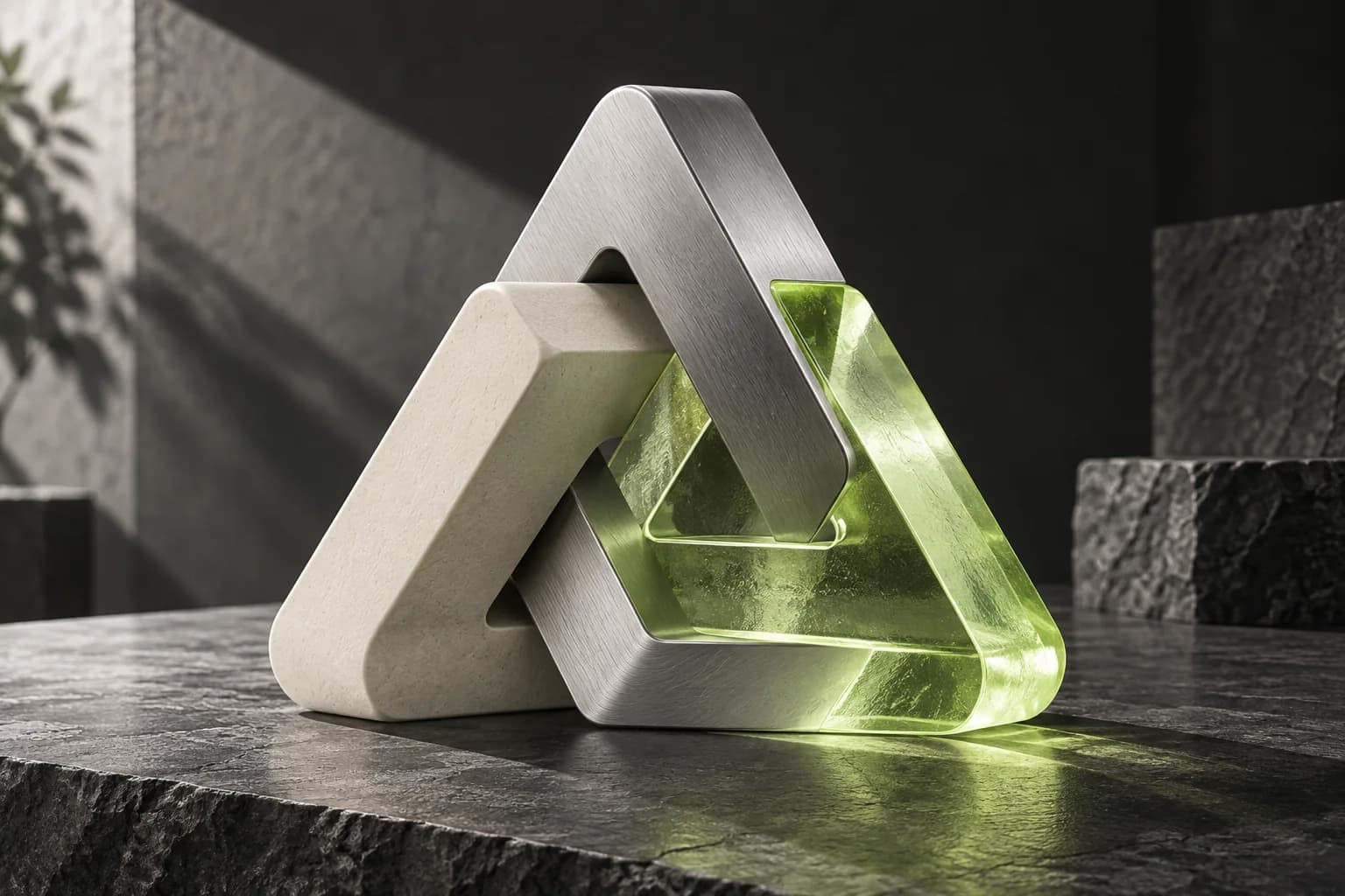 Interlocking forms in glass, metal and ivory, illustrating collaboration.