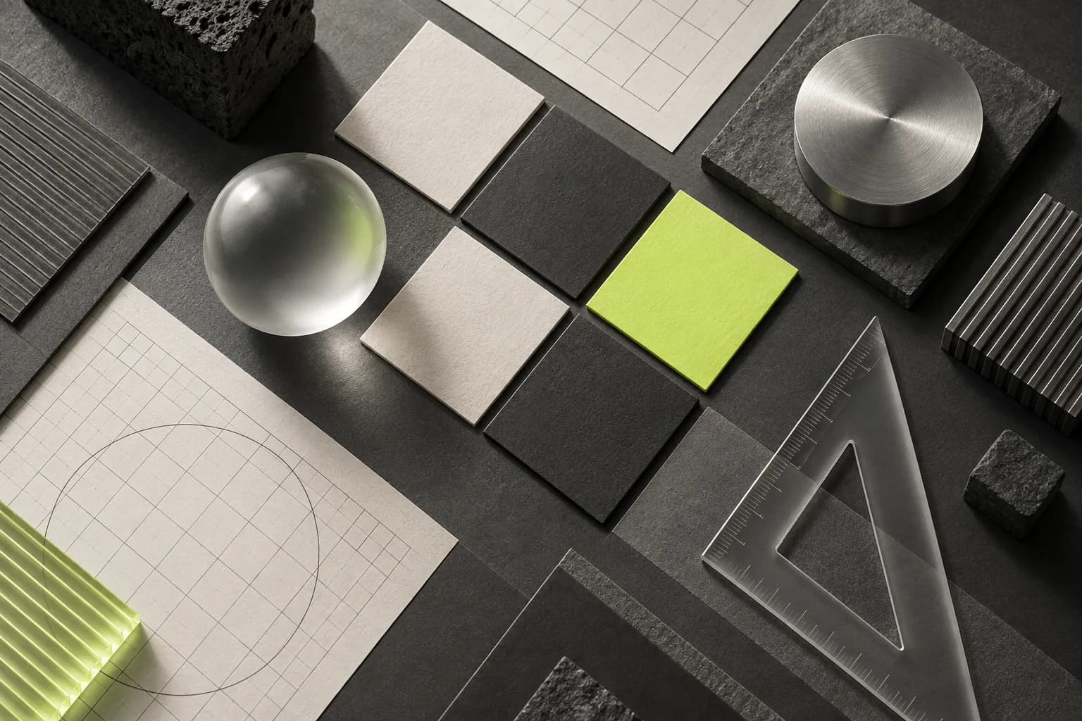 An arrangement of paper grids, material swatches and geometric design tools.