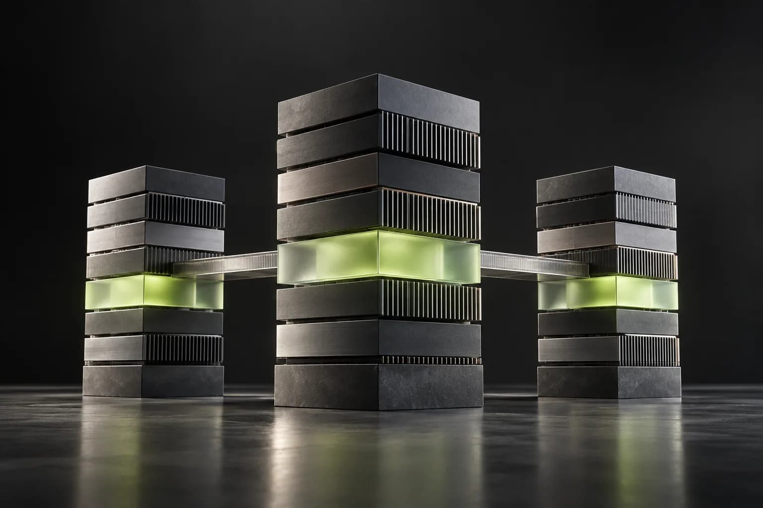 Layered graphite towers linked together, illustrating connected cloud infrastructure.