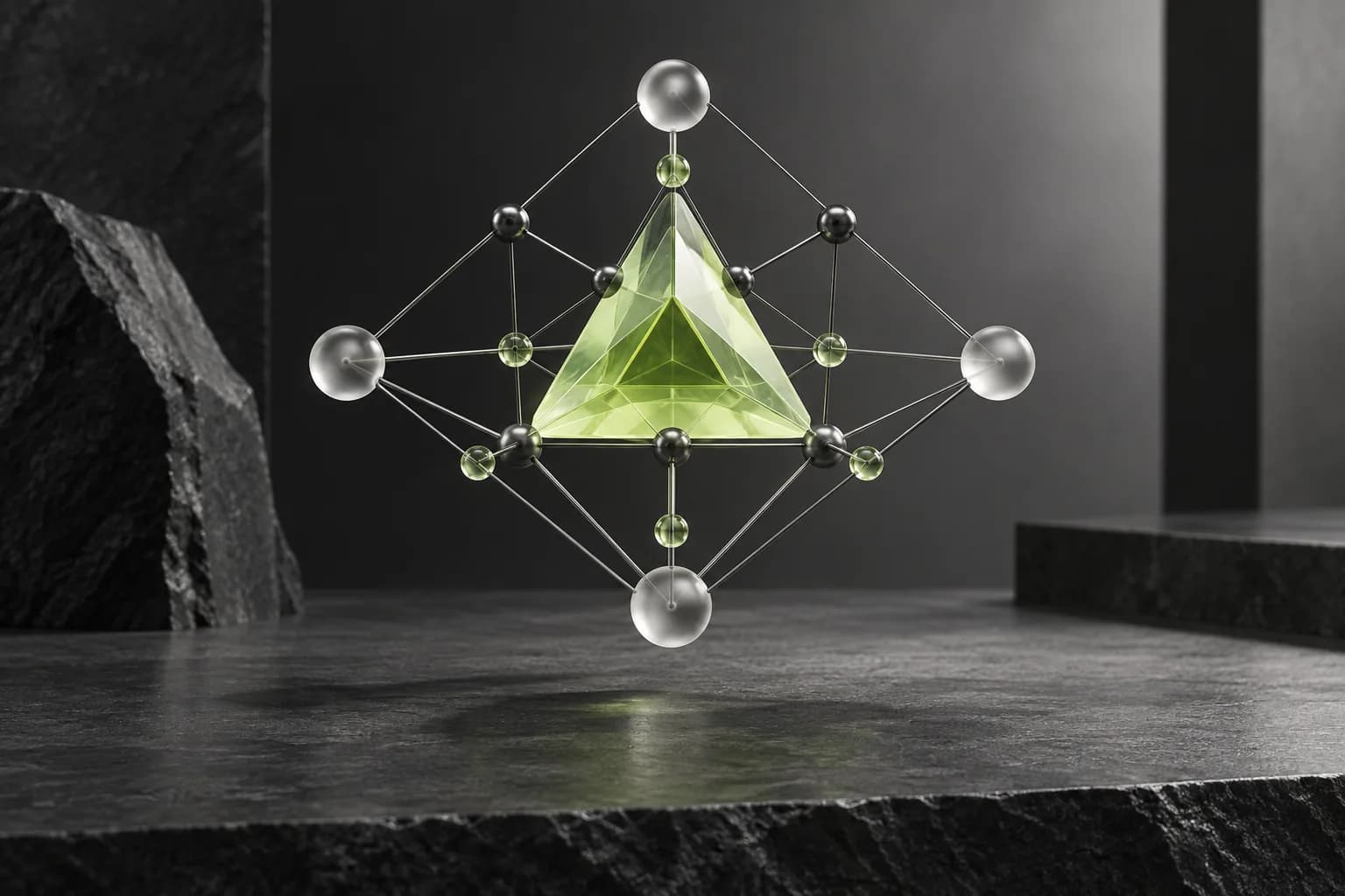 A geometric network of connected nodes surrounding a lime glass core.