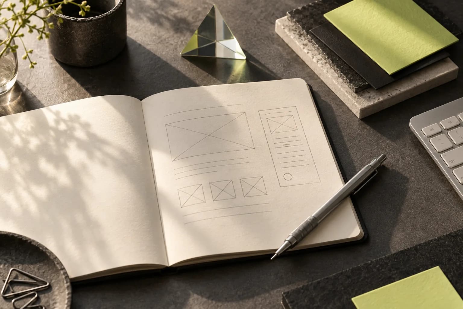 An editorial still life of a sketchbook, pencil and material swatches on a creative worktable.
