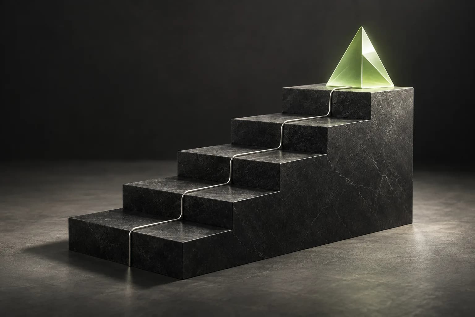 Ascending stone steps leading to a lime glass prism, illustrating considered growth.