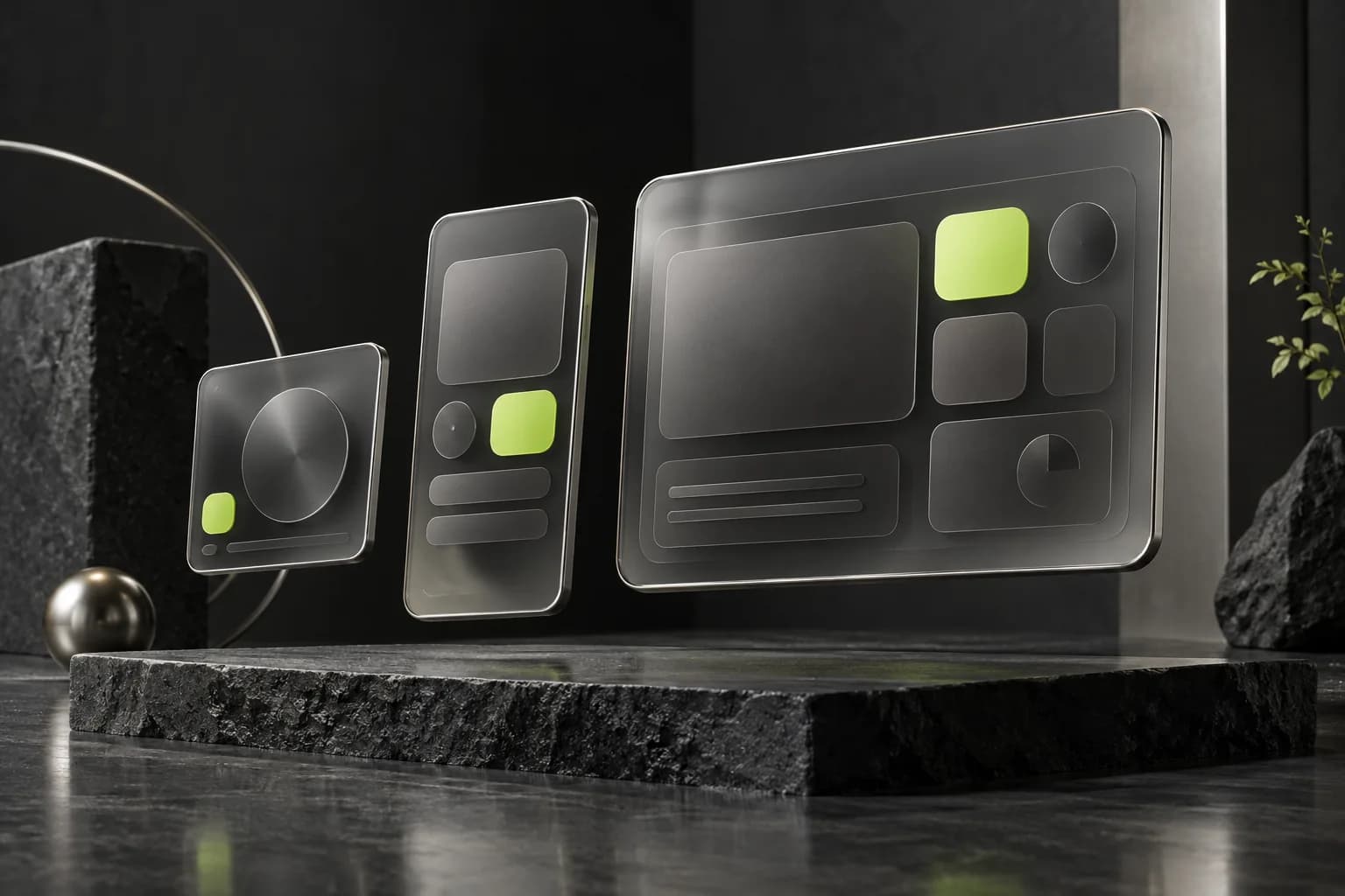 Floating glass interface panels in desktop and mobile proportions.
